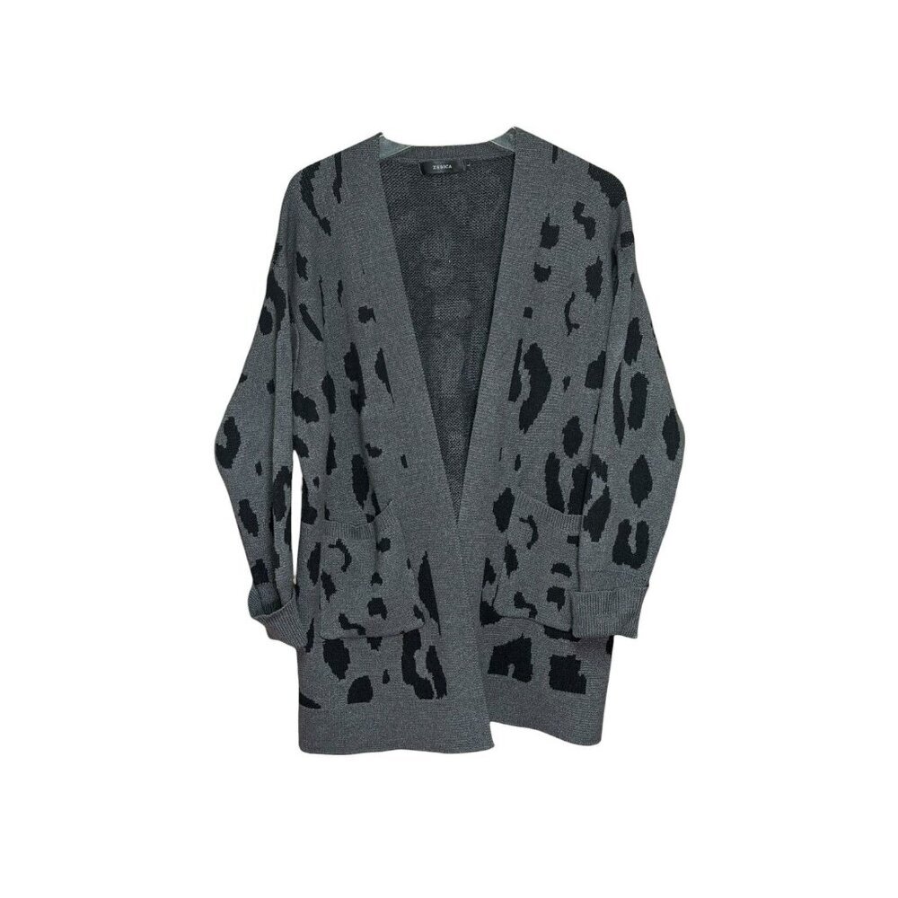 ZESICA Leopard Print Open Front Cardigan Gray Black Size L
